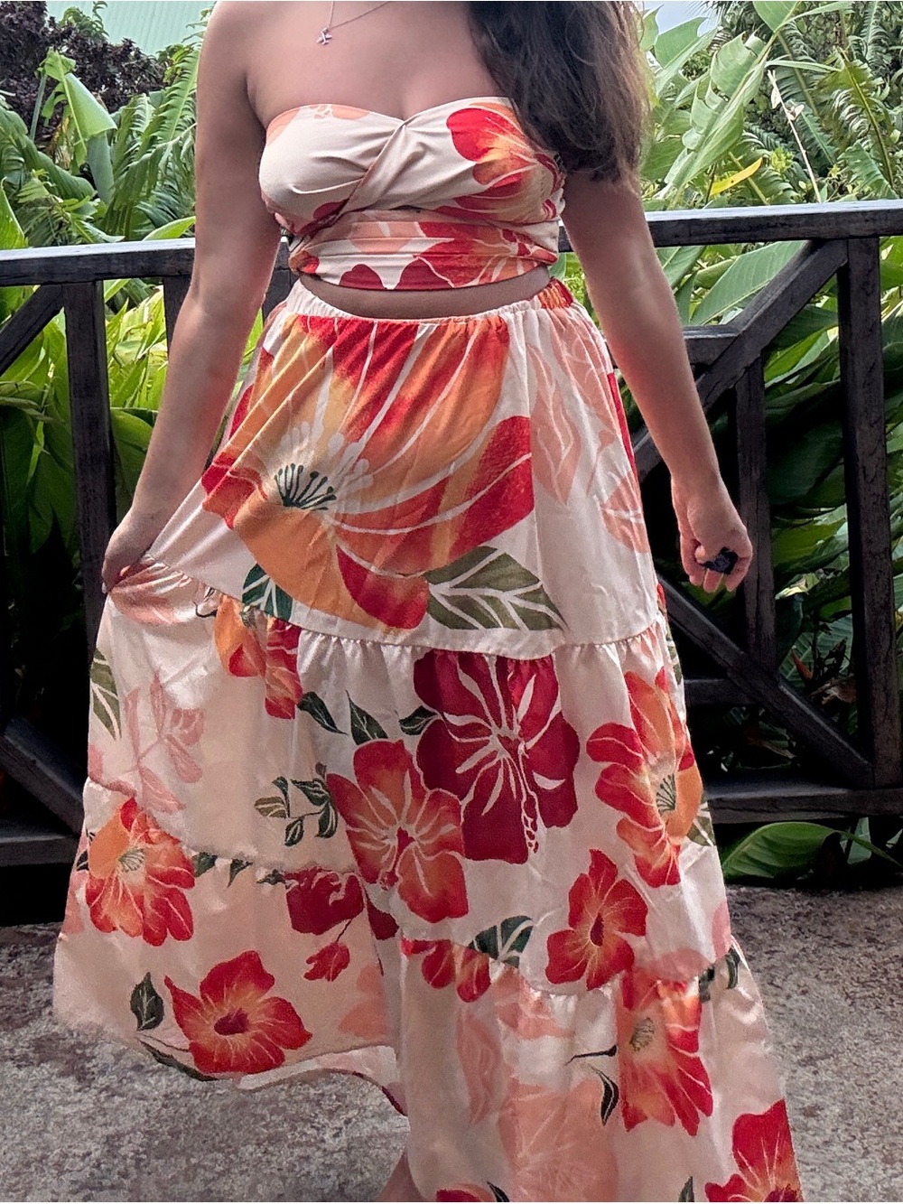 Floral Two-Piece Strapless Maxi Set - Cream with Red & Orange Blooms small